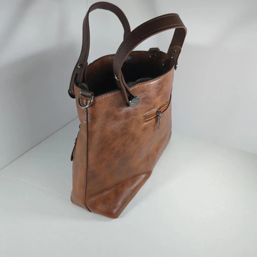 Brown Soft Vegan Leather‎ Satchel Handbag Multi-Pocket Organizer Purse  NEW